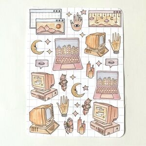 handmade by me 1990s pink kawaii computer moon stars witchy sticker sheet